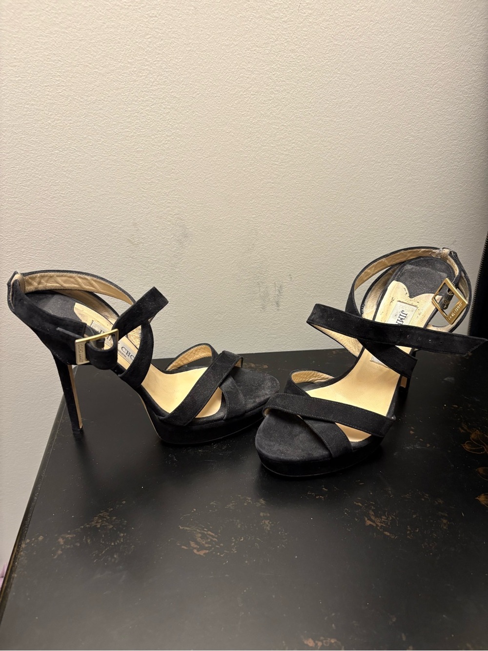Jimmy Choo Black Suede Crisscross Stiletto Sandals with Gold Buckles